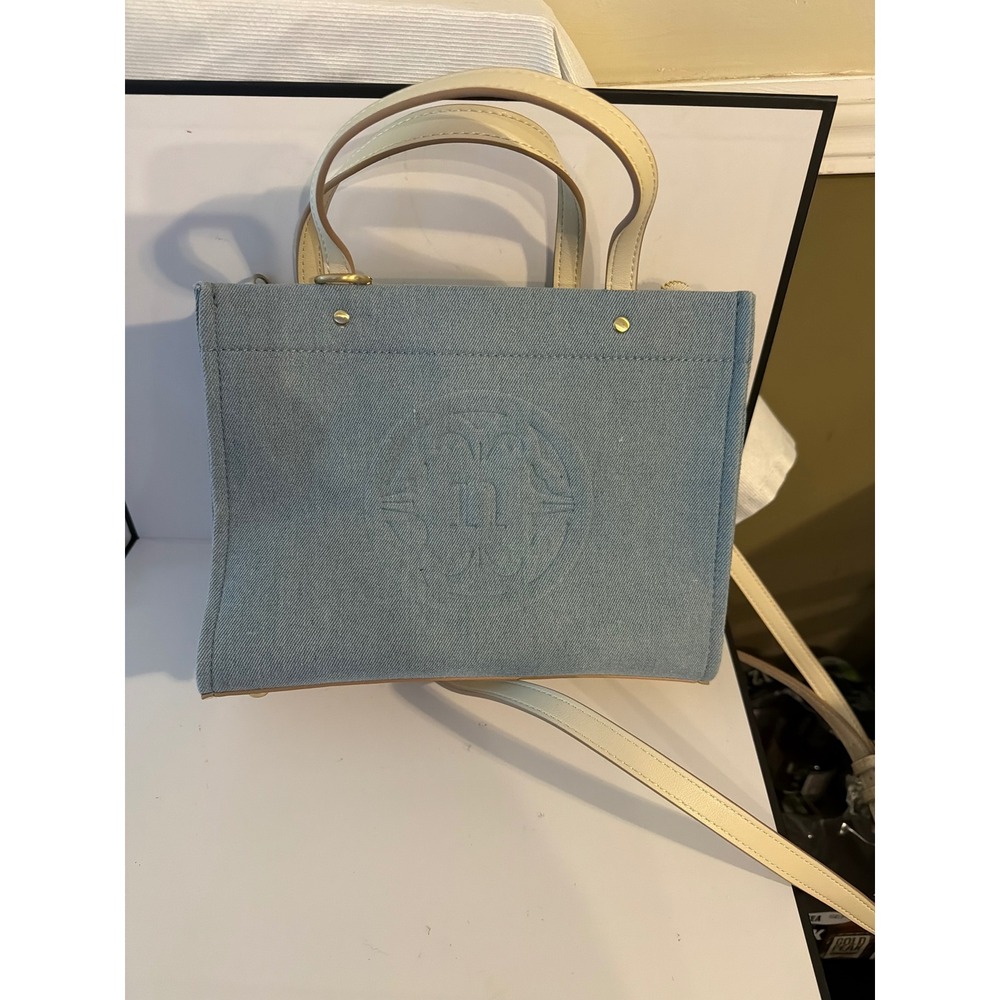 Light Blue Denim Tote Bag Embossed Logo Crossbody Handbag Gold Hardware Small